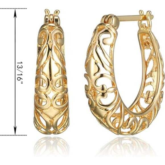 Sterling Silver Filigree Hoop Earrings Gold Plated Swirl Design Jewelry Gift - Picture 4 of 7